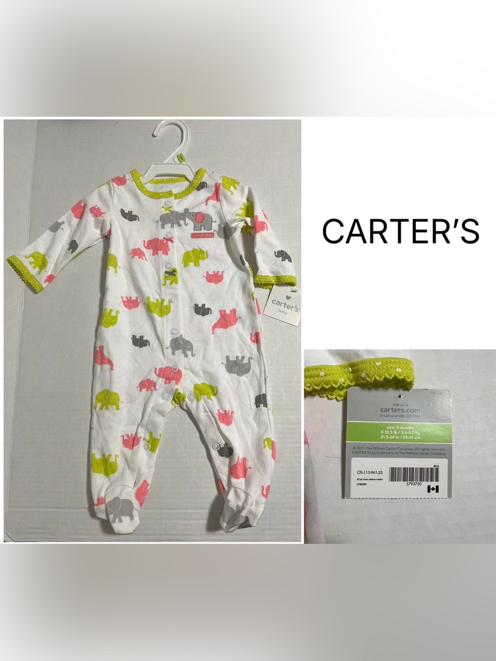 CARTER’S - 3M - NWT - INFANT GIRLS PINK GREEN GREY ELEPHANT SLEEPER